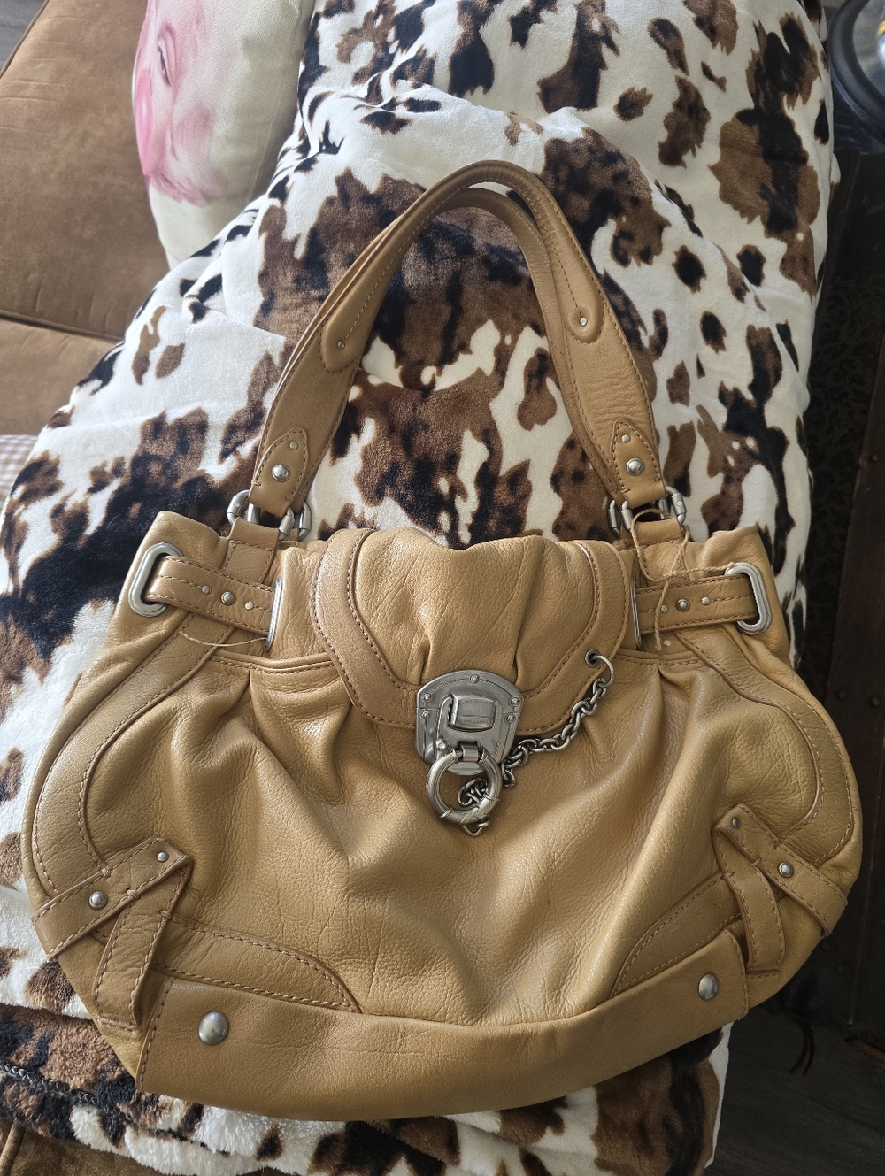 BCBGMaxAzria Camel Tan Leather Shoulder Bag with Silver Hardware